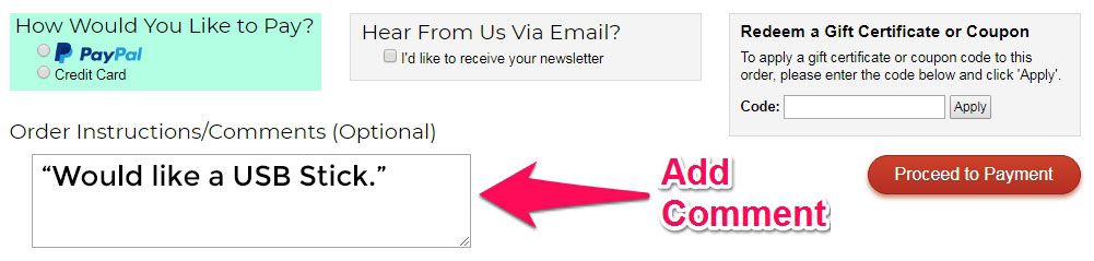 Order Instructions/Comments field at checkout