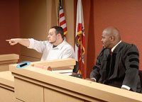 Courtroom scene with witness pointing into gallery next to judge.